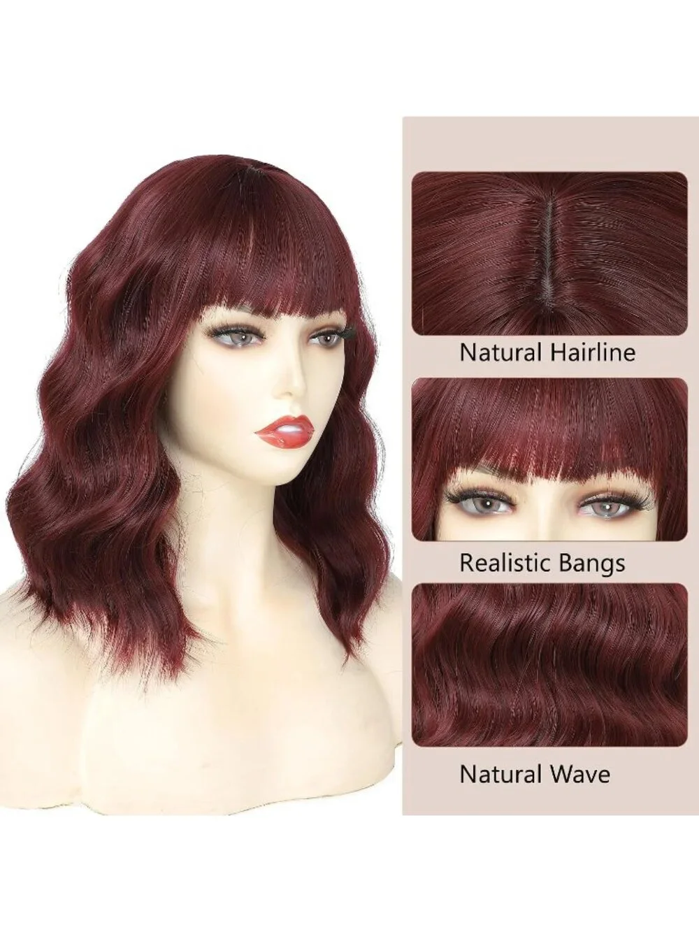 Women's Wine Red 14 Inch Heat Resistant Short Wavy Hair Pastel Bob Wig Bangs